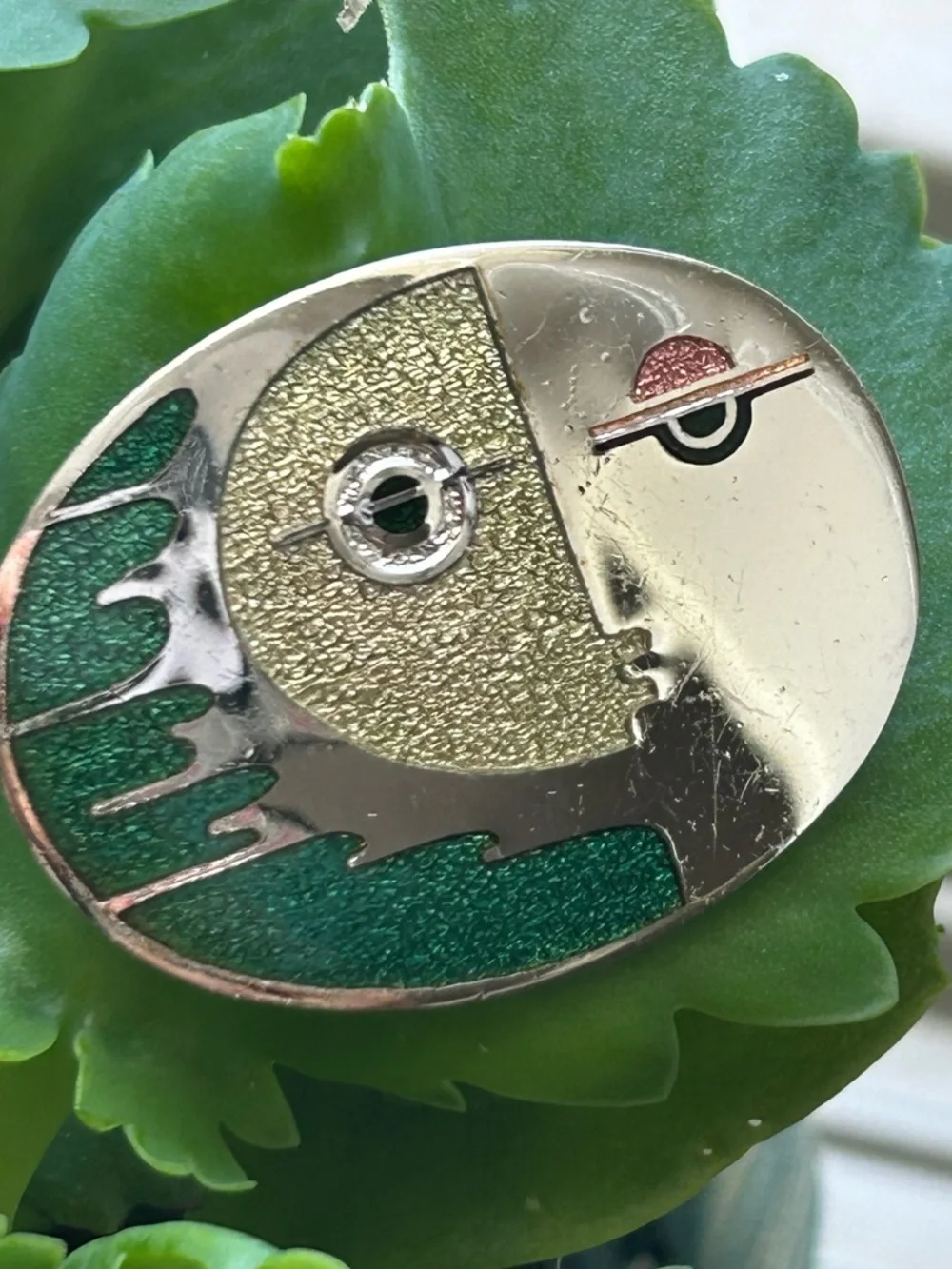 Vintage artisan De Passille & Sylvestre enameled face silver tone brooch pin